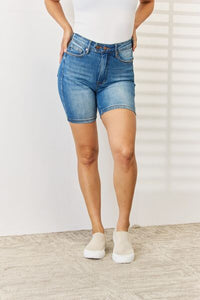 Judy Blue Full Size Tummy Control Double Button Bermuda Denim Shorts - Happily Ever Atchison Shop Co.