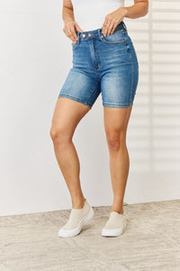 Judy Blue Full Size Tummy Control Double Button Bermuda Denim Shorts - Happily Ever Atchison Shop Co.