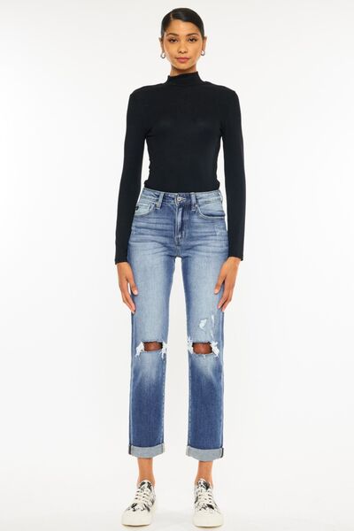 Kancan High Waist Distressed Hem Detail Cropped Straight Jeans - Happily Ever Atchison Shop Co.