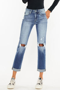 Kancan High Waist Distressed Hem Detail Cropped Straight Jeans - Happily Ever Atchison Shop Co.