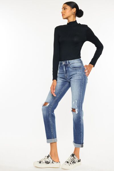 Kancan High Waist Distressed Hem Detail Cropped Straight Jeans - Happily Ever Atchison Shop Co.