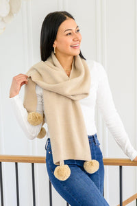 Knitted Fuzzy Pom Pom Scarf In Beige - Happily Ever Atchison Shop Co.