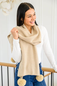 Knitted Fuzzy Pom Pom Scarf In Beige - Happily Ever Atchison Shop Co.