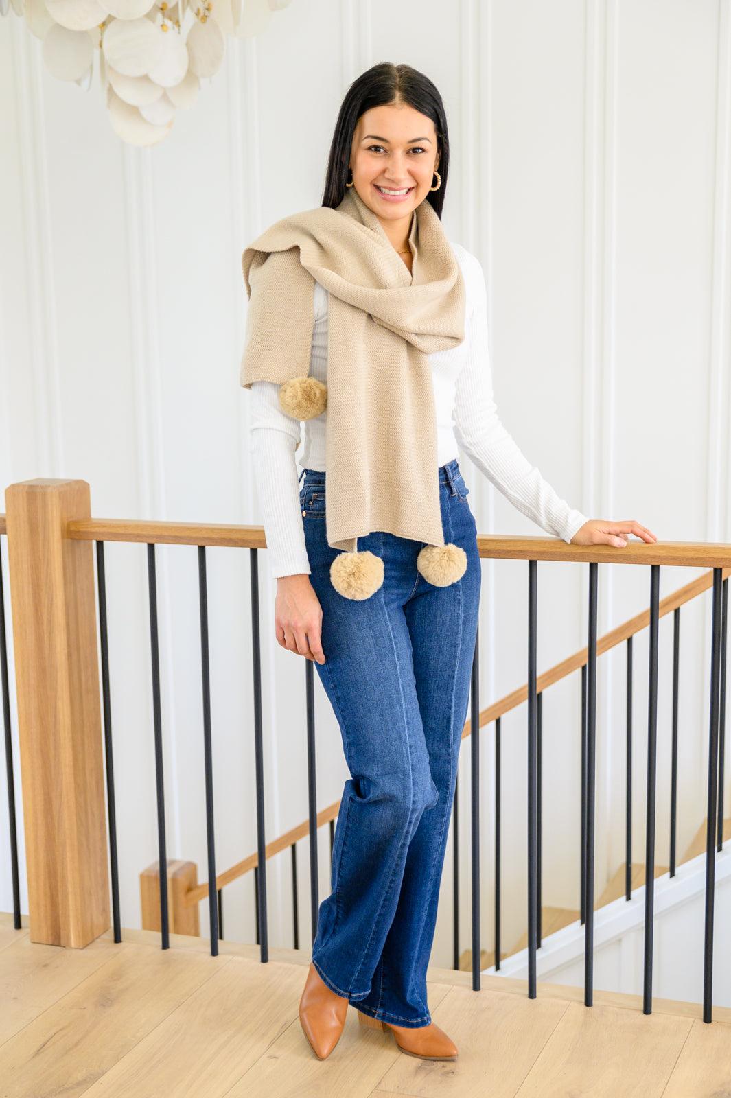 Knitted Fuzzy Pom Pom Scarf In Beige - Happily Ever Atchison Shop Co.