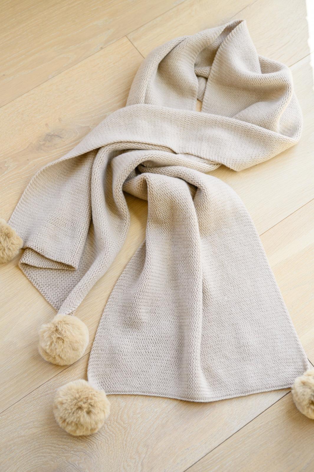 Knitted Fuzzy Pom Pom Scarf In Beige - Happily Ever Atchison Shop Co.