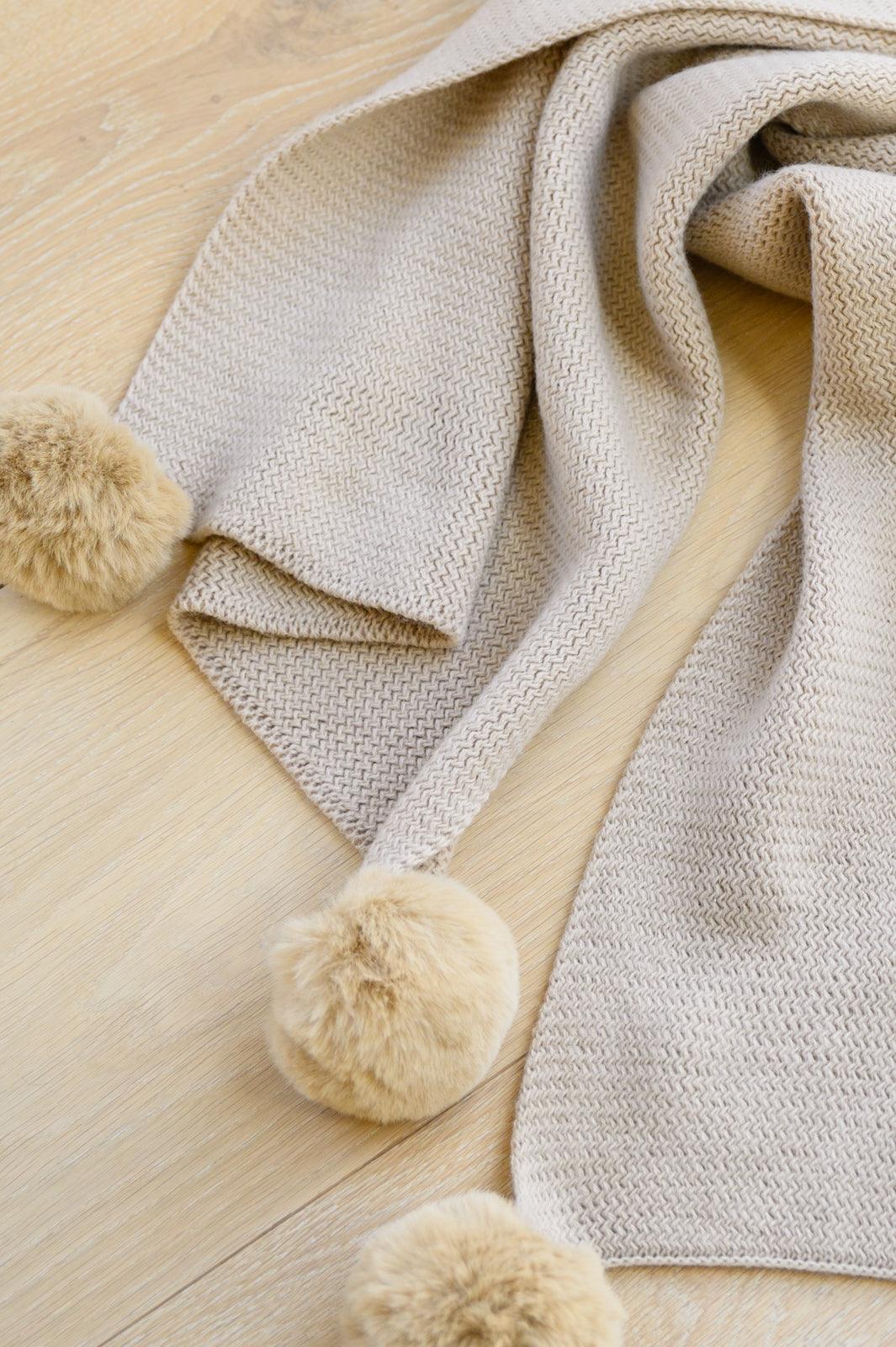 Knitted Fuzzy Pom Pom Scarf In Beige - Happily Ever Atchison Shop Co.