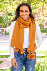 Knitted Fuzzy Pom Pom Scarf In Ginger - Happily Ever Atchison Shop Co.