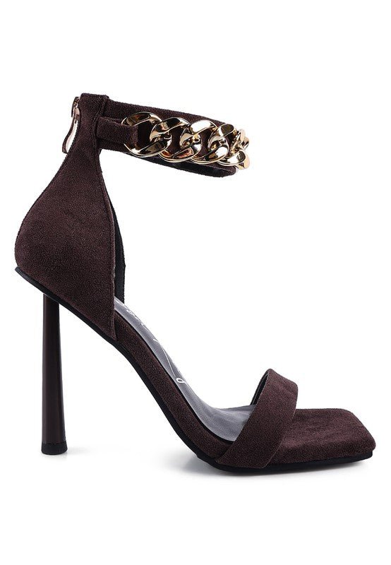 LAST SIP HEELED FAUX SUEDE CHAIN STRAP SANDAL - Happily Ever Atchison Shop Co.