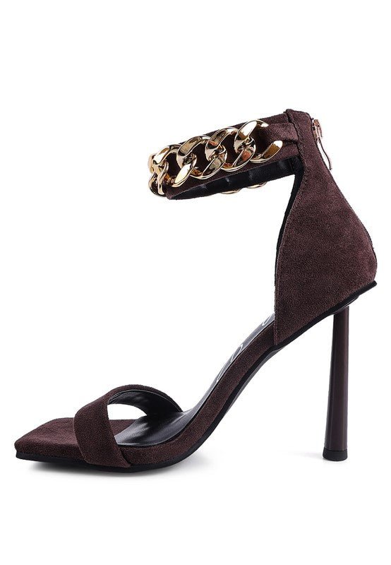 LAST SIP HEELED FAUX SUEDE CHAIN STRAP SANDAL - Happily Ever Atchison Shop Co.