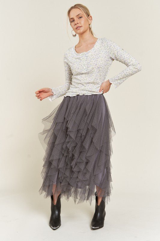 LAYERED POLKA DOT MESH LINED A - LINE MIDI SKIRT - Happily Ever Atchison Shop Co.