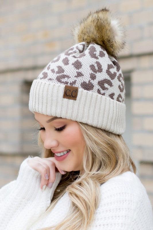 Leopard Fur Pom Beanie - Happily Ever Atchison Shop Co.