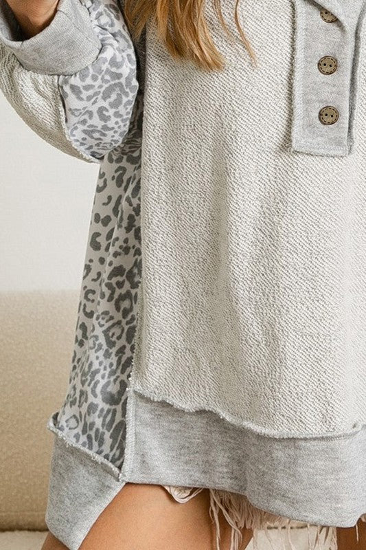 Leopard Henry Terry Sweatshirt Heather Grey - Happily Ever Atchison Shop Co.