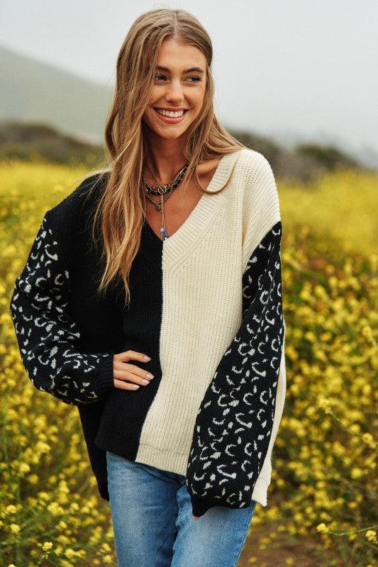 Leopard Oversized Half and Half Pullover Sweater - Happily Ever Atchison Shop Co.