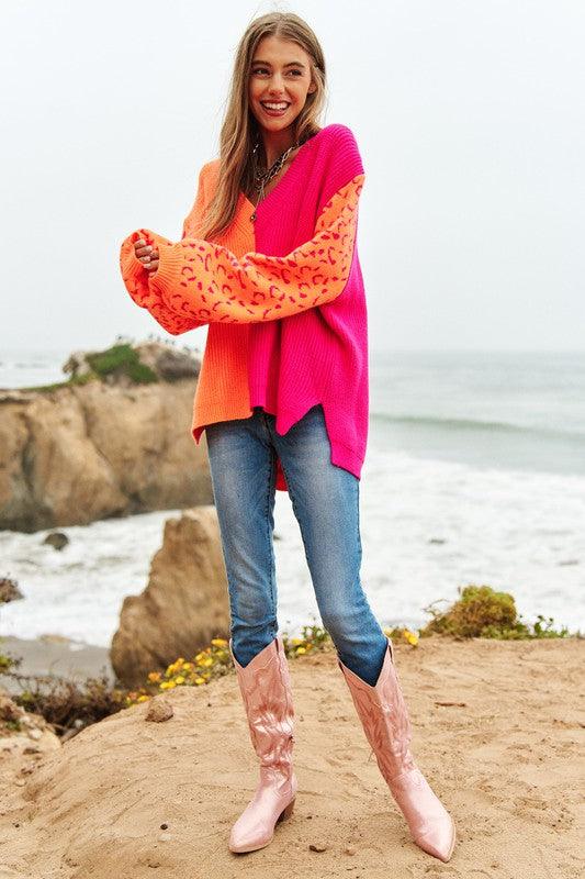 Leopard Oversized Half and Half Pullover Sweater - Happily Ever Atchison Shop Co.