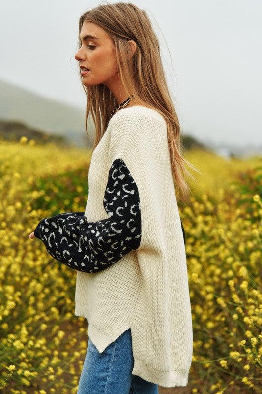 Leopard Oversized Half and Half Pullover Sweater - Happily Ever Atchison Shop Co.