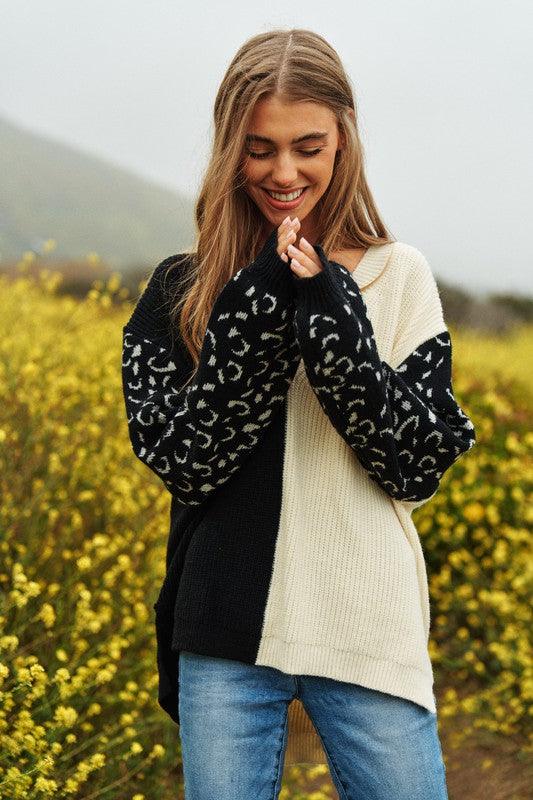 Leopard Oversized Half and Half Pullover Sweater - Happily Ever Atchison Shop Co.