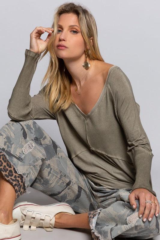 Light Wash Rib Textured Long Sleeve Top - Happily Ever Atchison Shop Co.