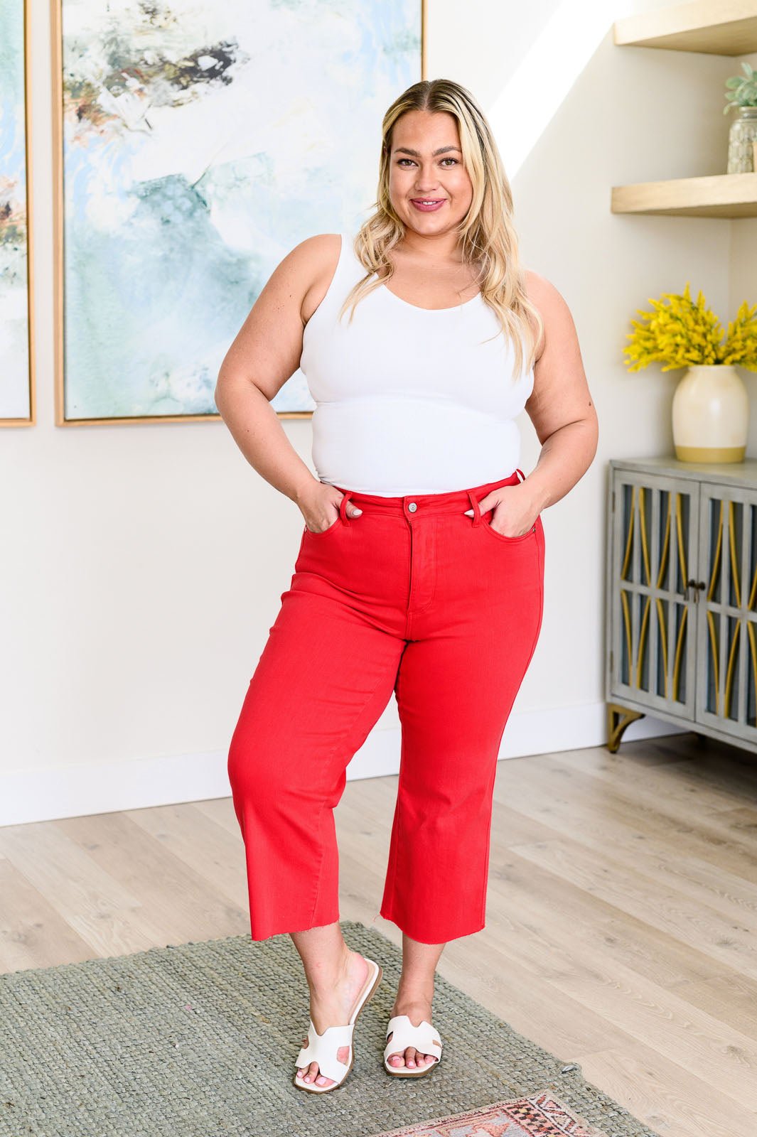 Lisa High Rise Control Top Wide Leg Crop Jeans in Red - Happily Ever Atchison Shop Co.