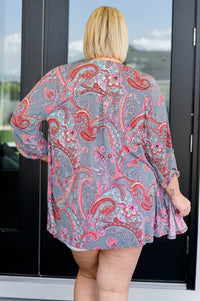 Lizzy Cardigan in Grey and Coral Paisley - Happily Ever Atchison Shop Co.