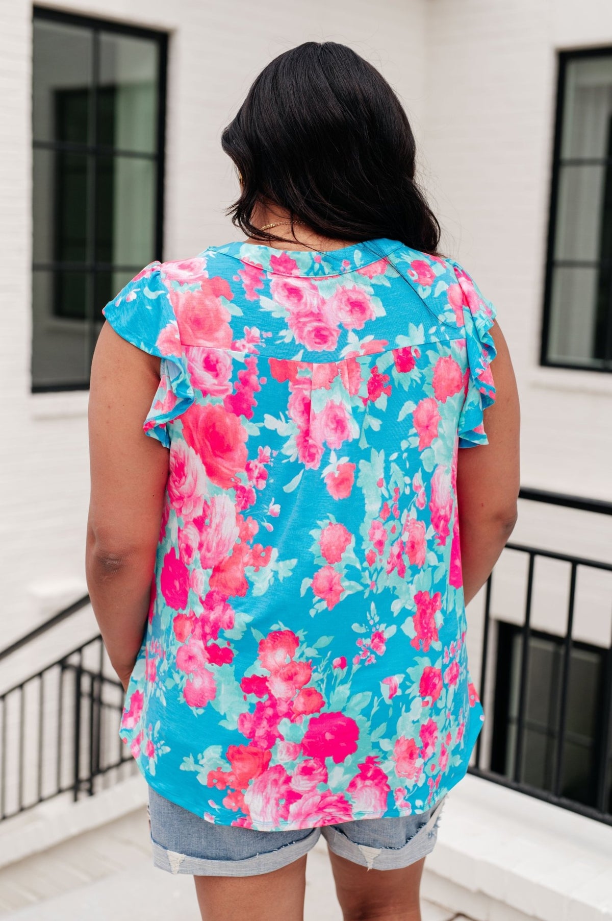 Lizzy Flutter Sleeve Top in Blue and Pink Roses - Happily Ever Atchison Shop Co.