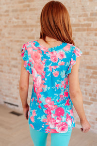 Lizzy Flutter Sleeve Top in Blue and Pink Roses - Happily Ever Atchison Shop Co.