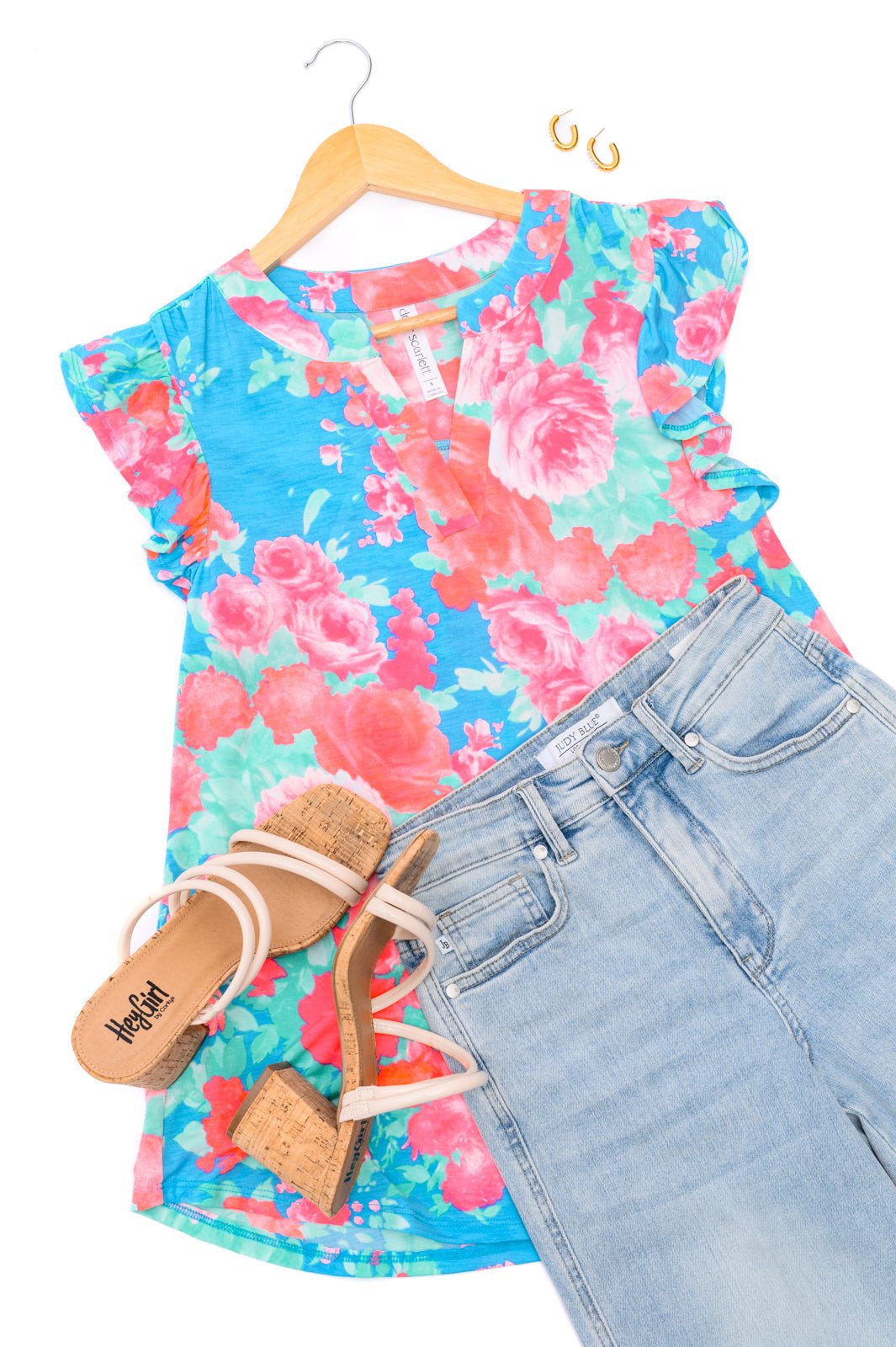 Lizzy Flutter Sleeve Top in Blue and Pink Roses - Happily Ever Atchison Shop Co.