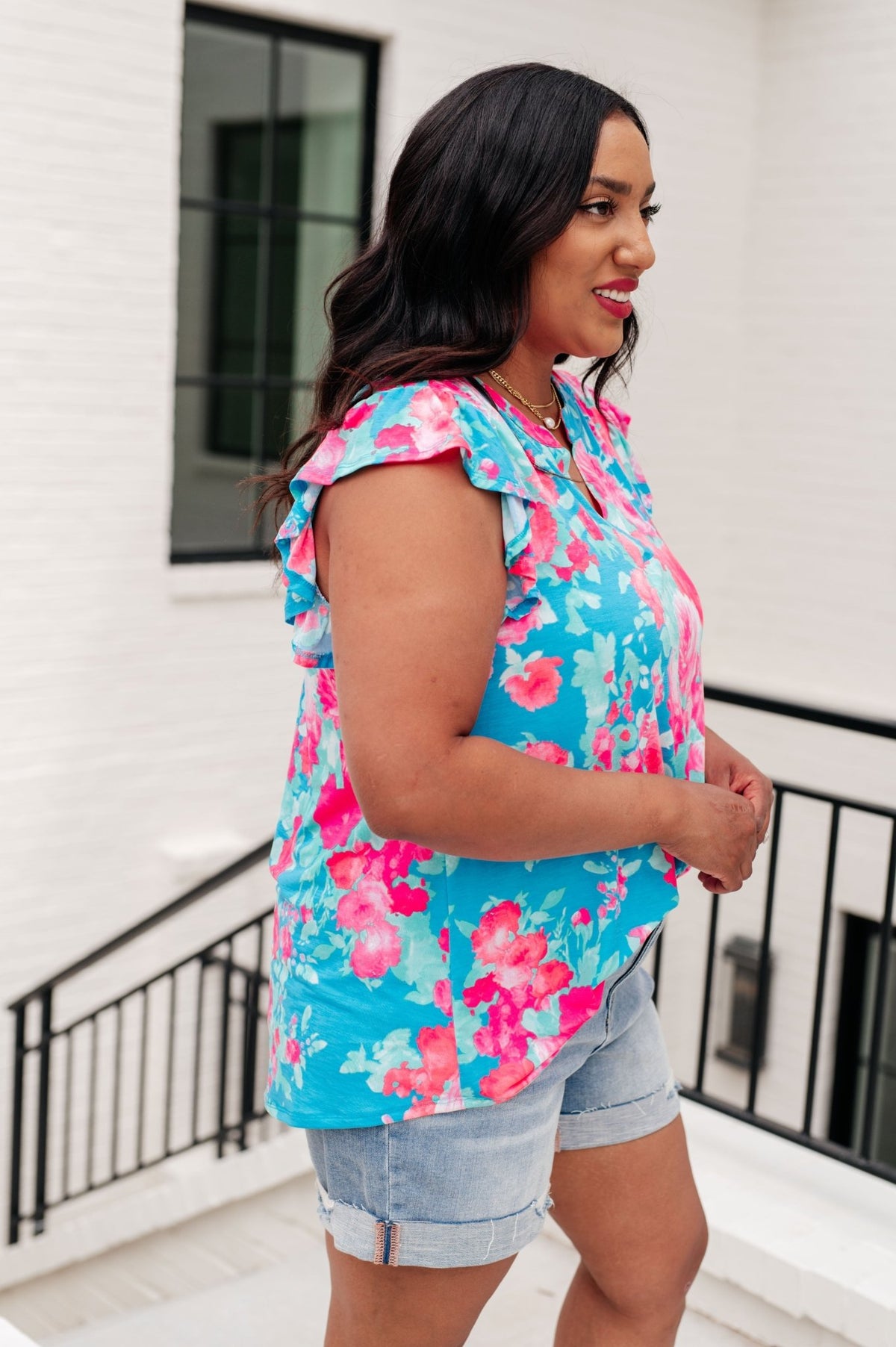 Lizzy Flutter Sleeve Top in Blue and Pink Roses - Happily Ever Atchison Shop Co.