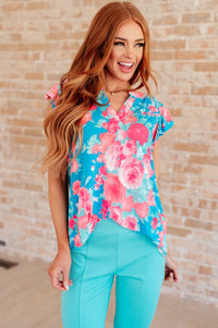 Lizzy Flutter Sleeve Top in Blue and Pink Roses - Happily Ever Atchison Shop Co.