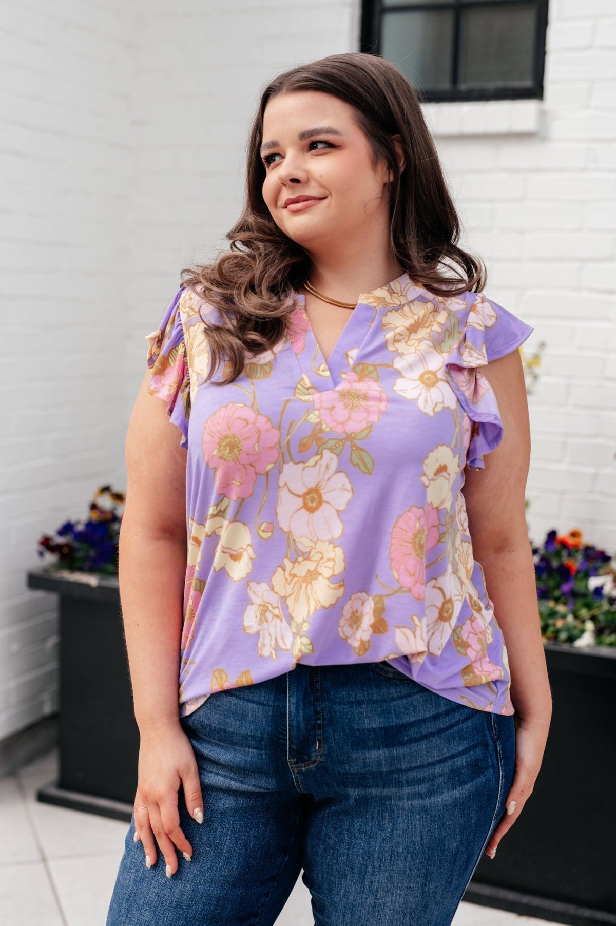 Lizzy Flutter Sleeve Top in Lavender French Floral - Happily Ever Atchison Shop Co.