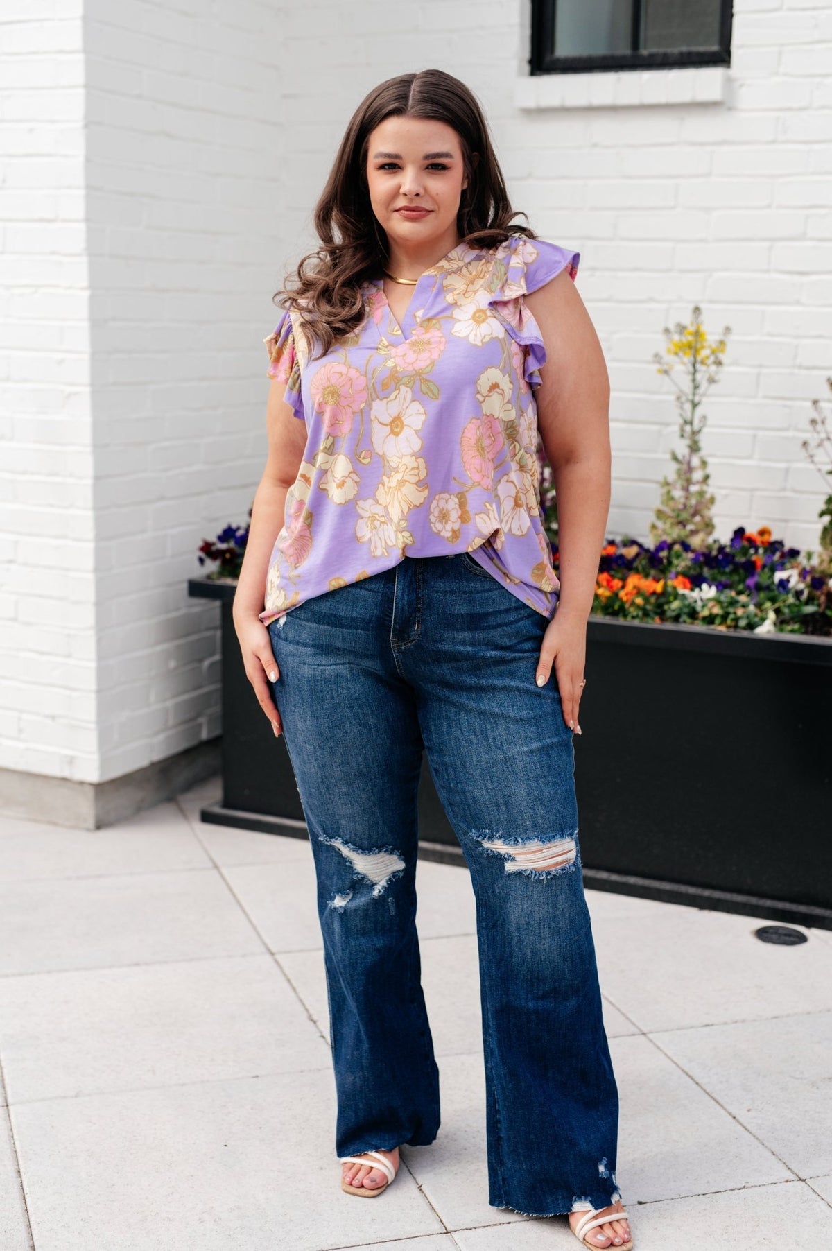 Lizzy Flutter Sleeve Top in Lavender French Floral - Happily Ever Atchison Shop Co.