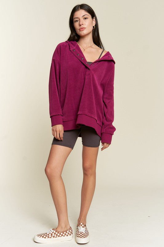 Long Sleeve Button Down Ribbed Hooded Sweatshirt - Happily Ever Atchison Shop Co.