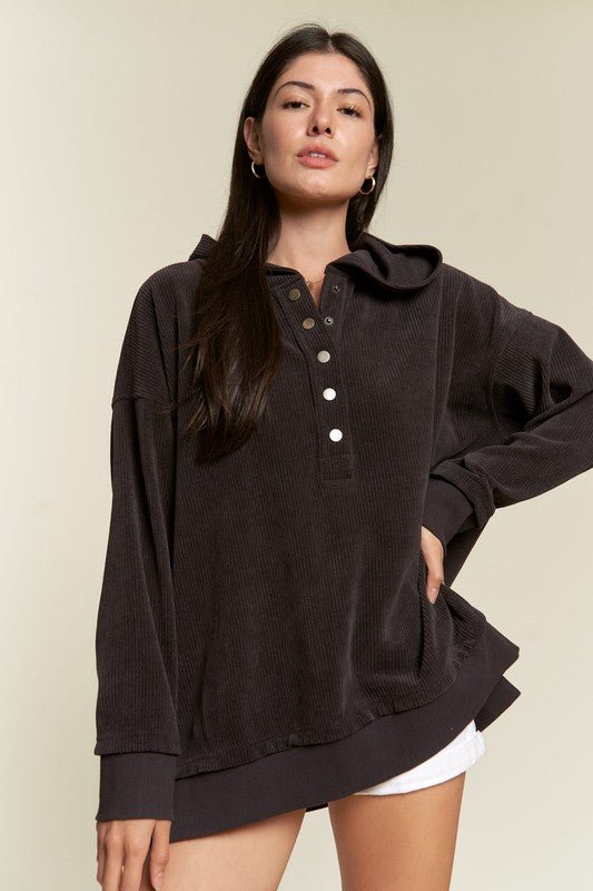 Long Sleeve Button Down Ribbed Hooded Sweatshirt - Happily Ever Atchison Shop Co.