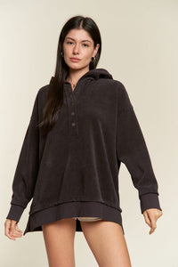 Long Sleeve Button Down Ribbed Hooded Sweatshirt - Happily Ever Atchison Shop Co.