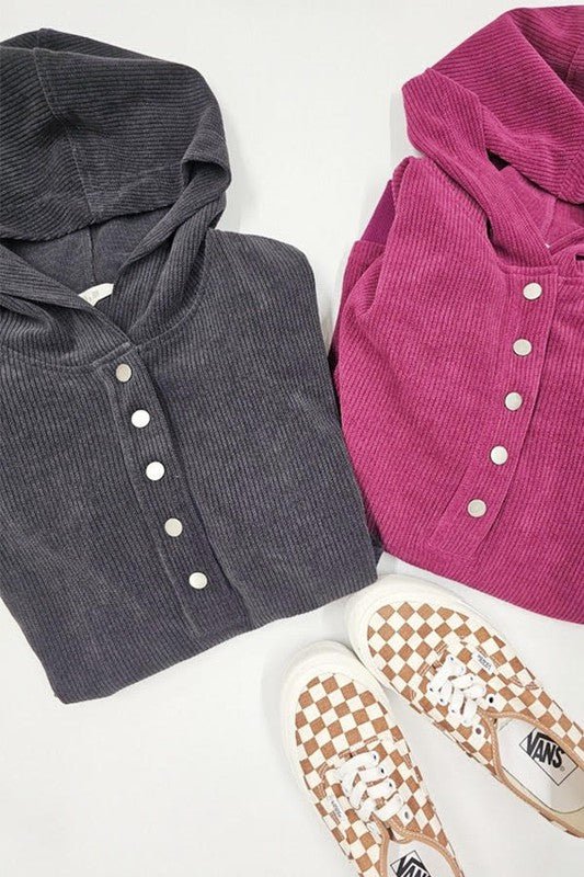 Long Sleeve Button Down Ribbed Hooded Sweatshirt - Happily Ever Atchison Shop Co.