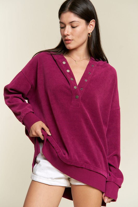 Long Sleeve Button Down Ribbed Hooded Sweatshirt - Happily Ever Atchison Shop Co.