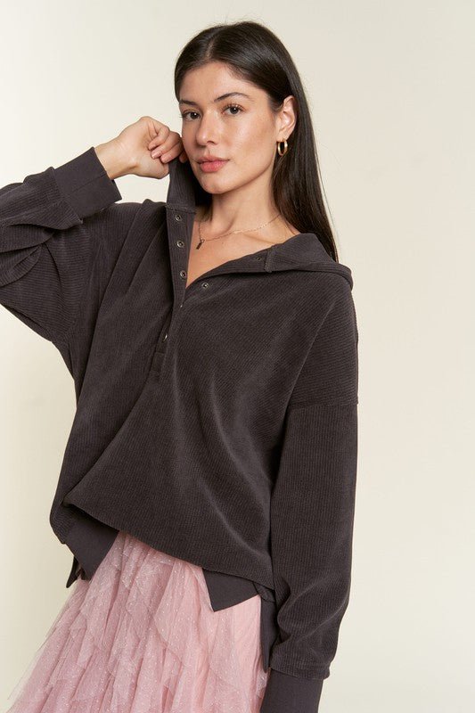 Long Sleeve Button Down Ribbed Hooded Sweatshirt - Happily Ever Atchison Shop Co.