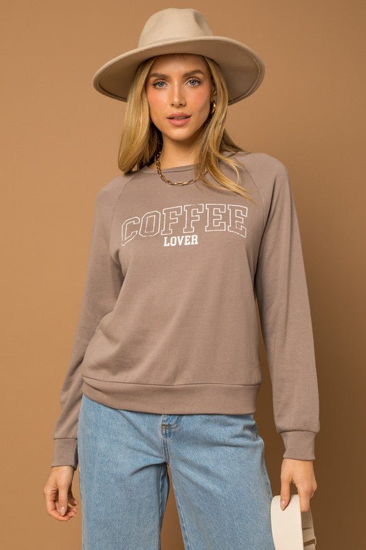 Long Sleeve Coffee Lover Graphic Print Top - Happily Ever Atchison Shop Co.