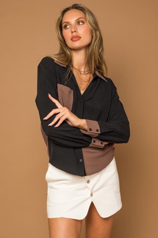 Long Sleeve Contrast Button Down Top - Happily Ever Atchison Shop Co.