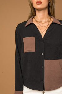 Long Sleeve Contrast Button Down Top - Happily Ever Atchison Shop Co.