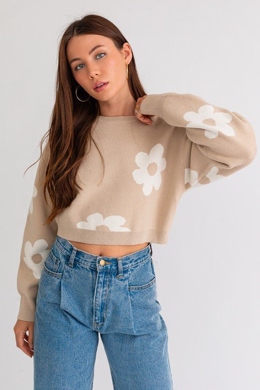 Long Sleeve Crop Sweater with Daisy Pattern - Happily Ever Atchison Shop Co.