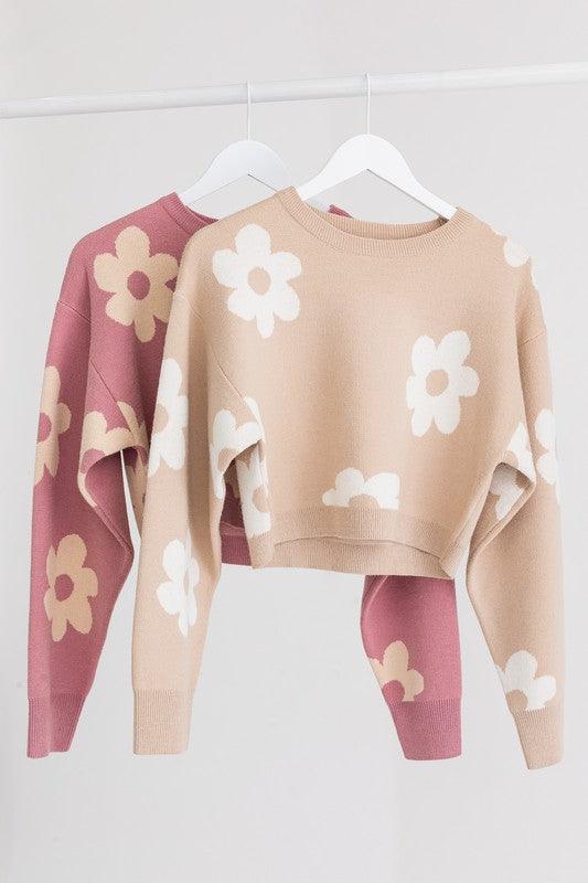 Long Sleeve Crop Sweater with Daisy Pattern - Happily Ever Atchison Shop Co.