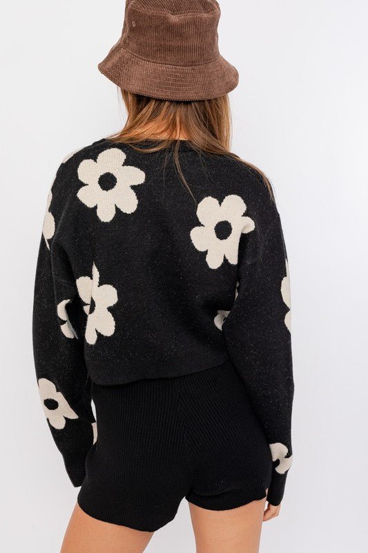 Long Sleeve Crop Sweater with Daisy Pattern - Happily Ever Atchison Shop Co.