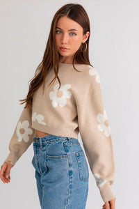 Long Sleeve Crop Sweater with Daisy Pattern - Happily Ever Atchison Shop Co.