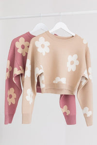 Long Sleeve Crop Sweater with Daisy Pattern - Happily Ever Atchison Shop Co.