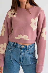 Long Sleeve Crop Sweater with Daisy Pattern - Happily Ever Atchison Shop Co.