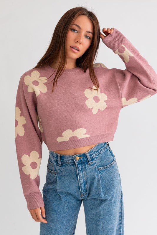 Long Sleeve Crop Sweater with Daisy Pattern - Happily Ever Atchison Shop Co.