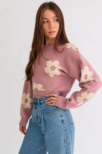 Long Sleeve Crop Sweater with Daisy Pattern - Happily Ever Atchison Shop Co.