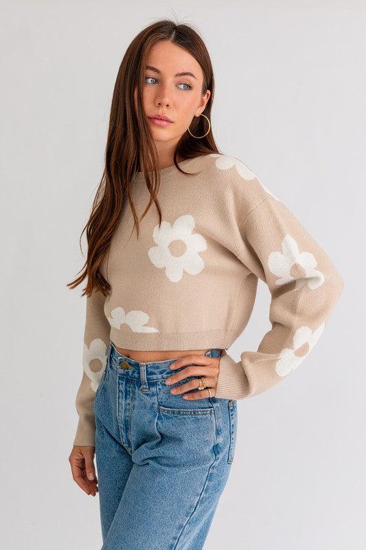 Long Sleeve Crop Sweater with Daisy Pattern - Happily Ever Atchison Shop Co.