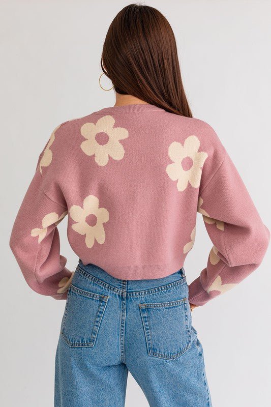 Long Sleeve Crop Sweater with Daisy Pattern - Happily Ever Atchison Shop Co.