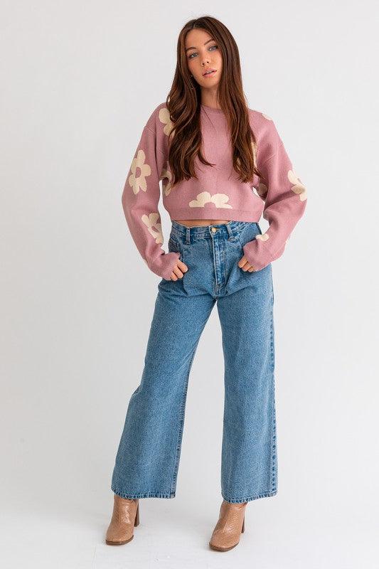 Long Sleeve Crop Sweater with Daisy Pattern - Happily Ever Atchison Shop Co.